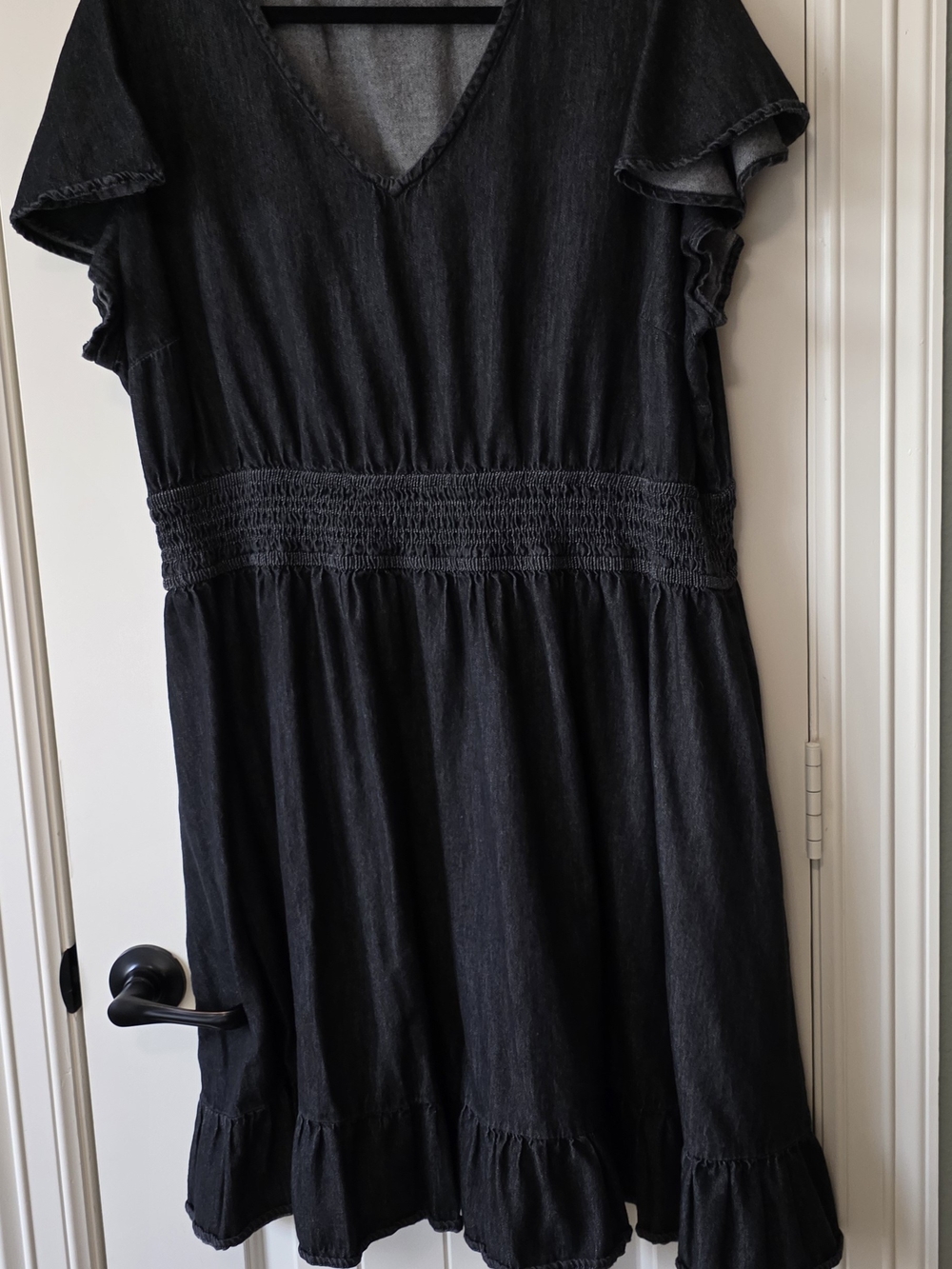 Black Denim Smocked Waist V-Neck Dress